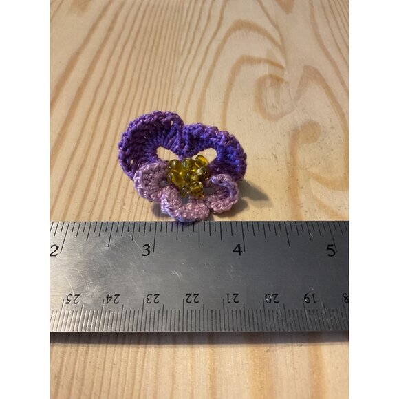 Crochet Purple Flower Pin Brooch With Beaded Center - Picture 3 of 3
